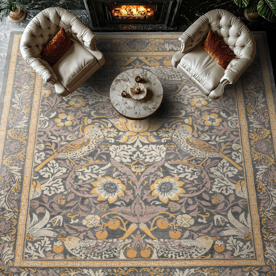 William Morris Hungry Birds Slate & Marigold Multi Size Hand Hooked High-twist Wool Traditional Rug