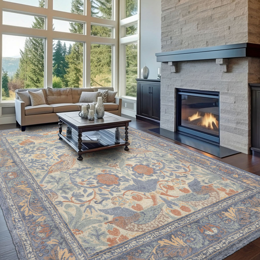 William Morris Hungry Birds Ivory & Chambray Multi Size Hand Hooked High-twist Wool Traditional Rug