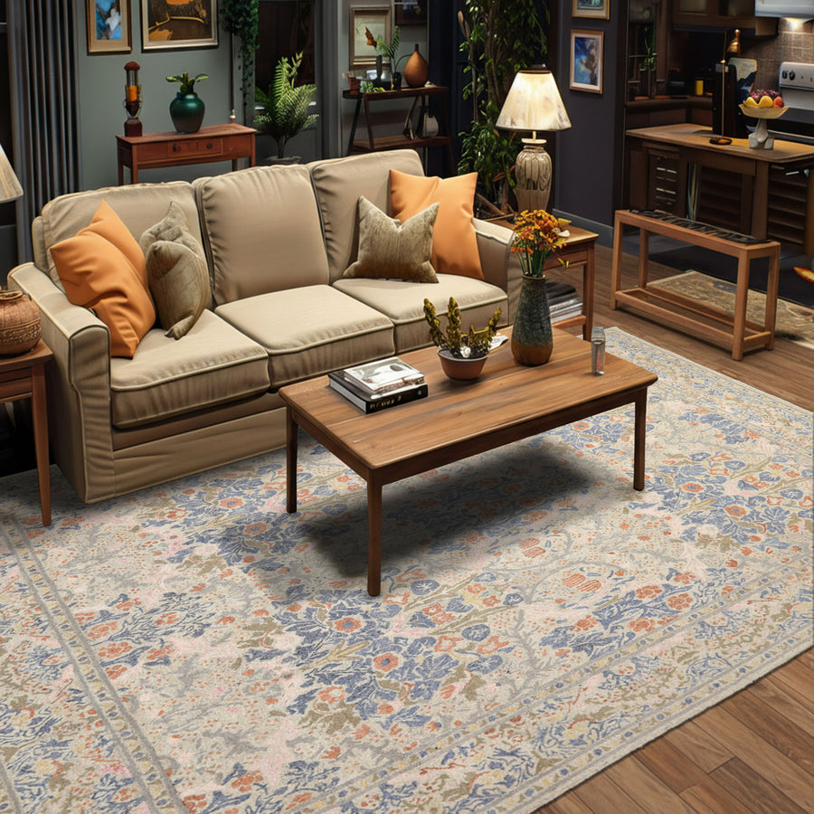 William Morris Floral Lattice Parchment & Cornflower Multi Size Hand Hooked High-twist Wool Traditional Rug