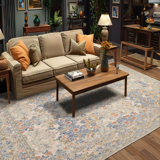 William Morris Floral Lattice Parchment & Cornflower Multi Size Hand Hooked High-twist Wool Traditional Rug