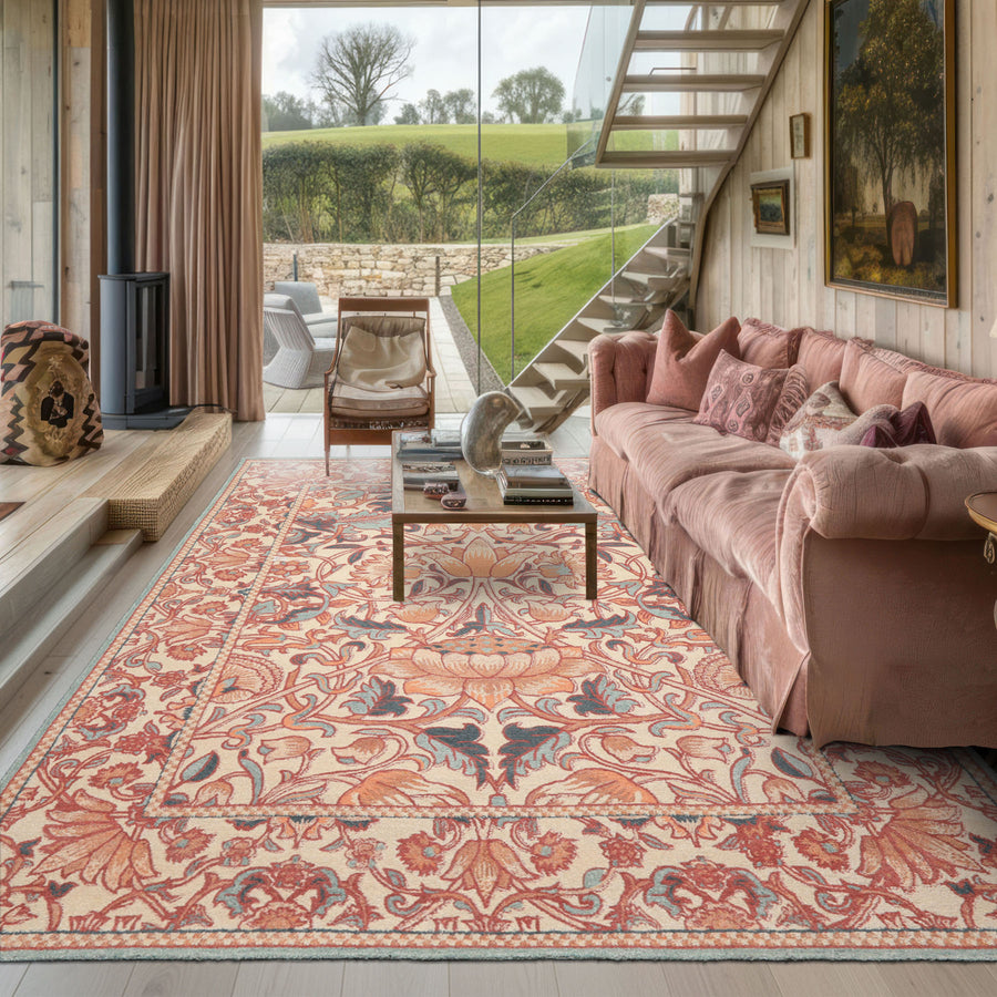 William Morris Lotus Garden Ivory & Rust Multi Size Hand Hooked High-twist Wool Traditional Rug