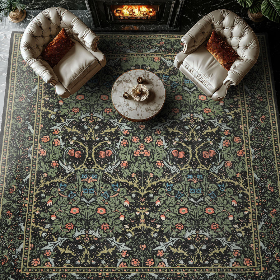William Morris Blackthorn Night Charcoal & Forest Multi Size Hand Hooked High-twist Wool Traditional Rug