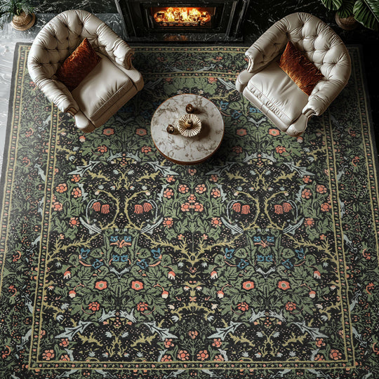 William Morris Blackthorn Night Charcoal & Forest Multi Size Hand Hooked High-twist Wool Traditional Rug