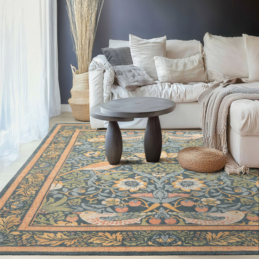 William Morris Hungry Birds Teal & Harvest Gold Multi Size Hand Hooked High-twist Wool Traditional Rug