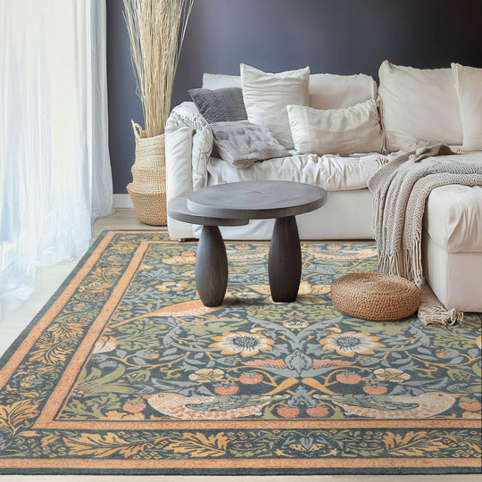 William Morris Hungry Birds Teal & Harvest Gold Multi Size Hand Hooked High-twist Wool Traditional Rug