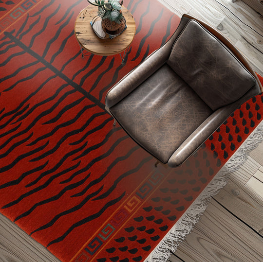 loomBloom 3'x5'6" Burnt Orange Hand Knotted Animal Print Art Deco Tibetan Wool Oriental Area Rug