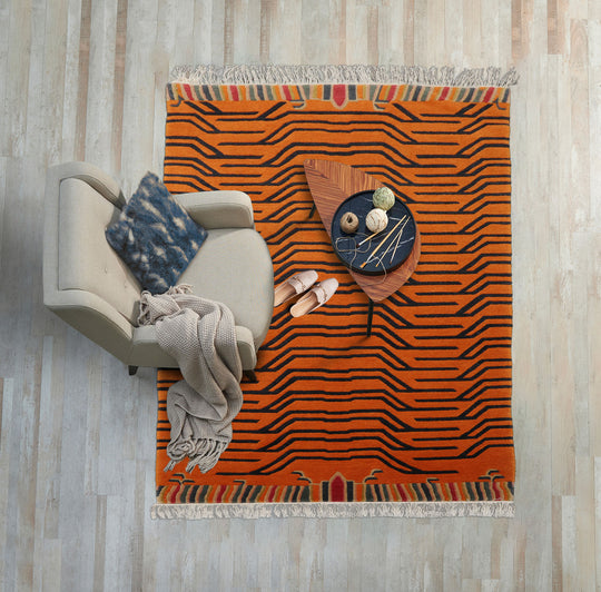 loomBloom 2'11''x5'8" Orange Hand Knotted Animal Print Art Deco Tibetan Wool Oriental Area Rug