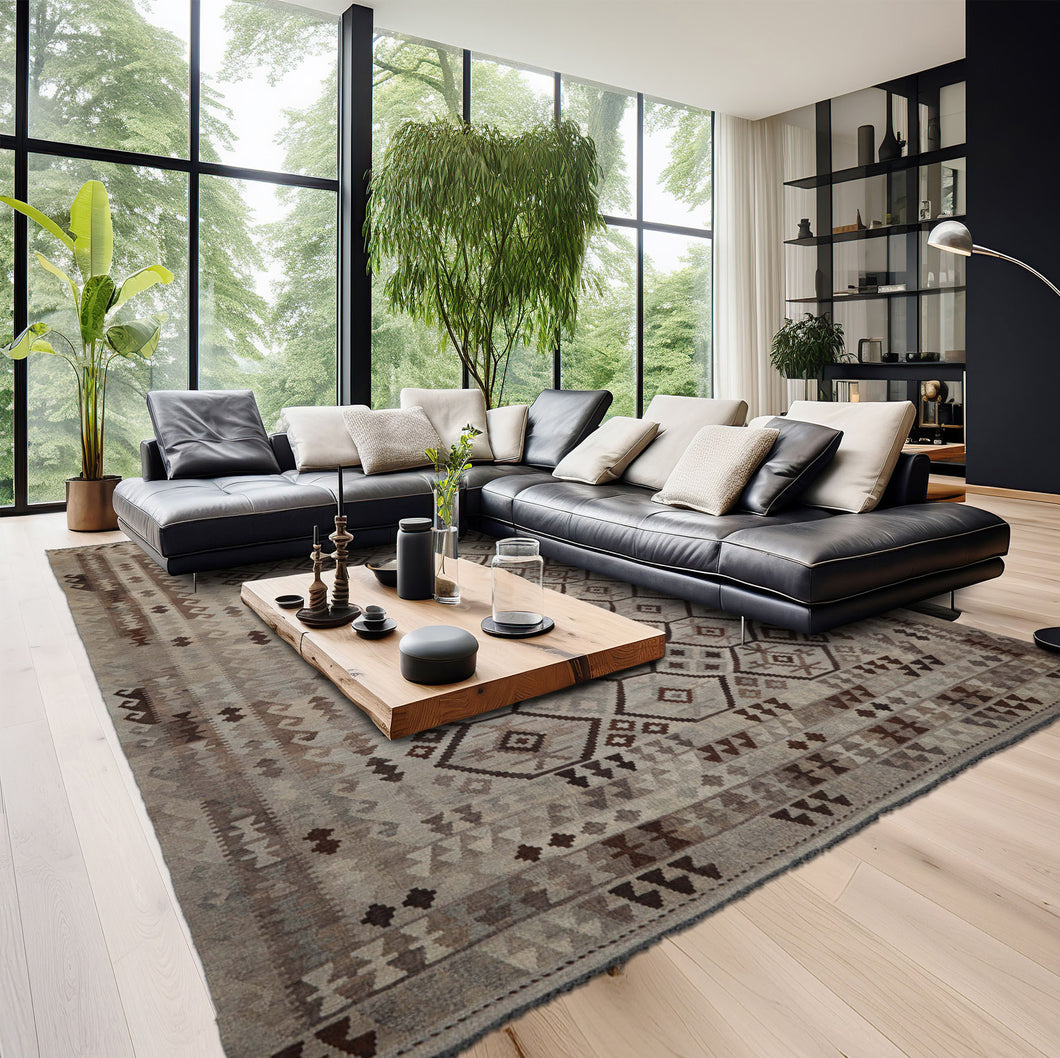 9x12 Beige, Gray, Brown Color Hand Woven Flatweave Wool Tribal Oriental Rug