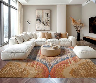9x12 Beige, Gold, Tan Color Hand Knotted Abstract Wool and Silk Modern Oriental Rug