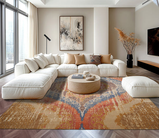 loomBloom 9'x12' Beige Hand Knotted Abstract Modern Geometric Wool and Silk Oriental Area Rug