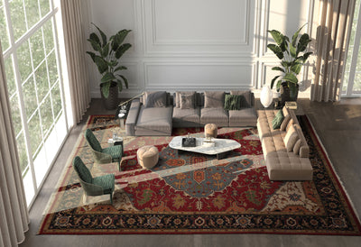 10x14 Rust, Charcoal, Blue Color Hand Knotted Flatweave Wool Traditional Oriental Rug