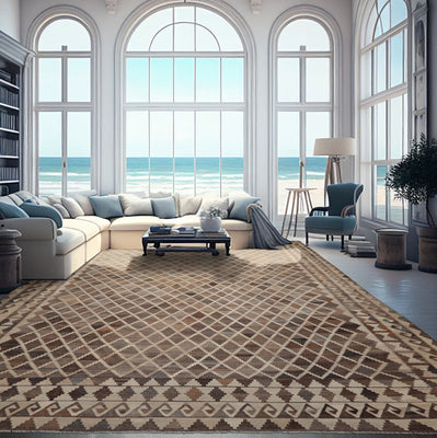10x14 Ivory, Gray, Brown Color Hand Woven Flatweave Wool Southwestern Oriental Rug