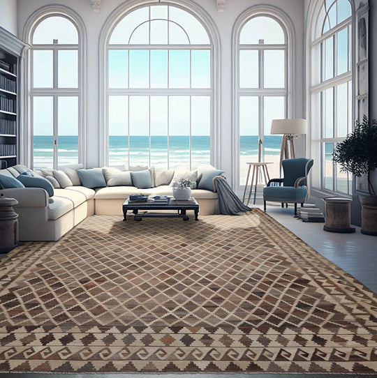 loomBloom 10'7''x13'7" Ivory Hand Woven Flatweave Southwestern Afghan Kilim Wool Oriental Area Rug