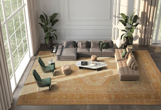 loomBloom 11'9''x17'9" Tan Hand Knotted Medallion Traditional Oushak Wool Oriental Area Rug