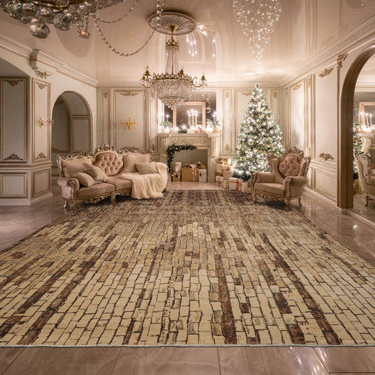 loomBloom 10'x14' Beige Hand Knotted Peshawar Traditional Brick Wall Wool Oriental Area Rug