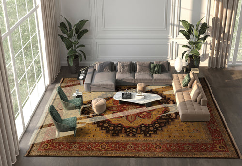 10x14 Gold, Rust, Chocolate Color Hand Knotted Peshawar Wool Traditional Oriental Rug