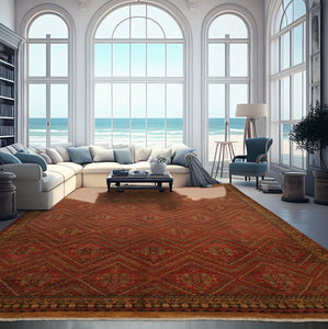 10x14 Rust, Gold, Moss Color Hand Knotted Geometric Wool Traditional Oriental Rug