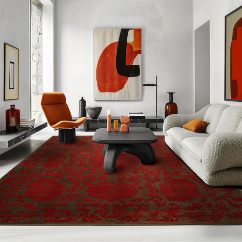 Square Brown, Coral, Color Hand Knotted Floral Wool Transitional Oriental Rug