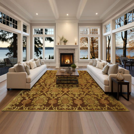 loomBloom 8'x10' Brown Hand Knotted Tibetan  Transitional Damask Wool and Silk Oriental Area Rug