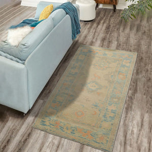 3x5 Beige, Aqua, Peach Color Hand Knotted Turkish Wool Arts & Crafts/Mission Oriental Rug