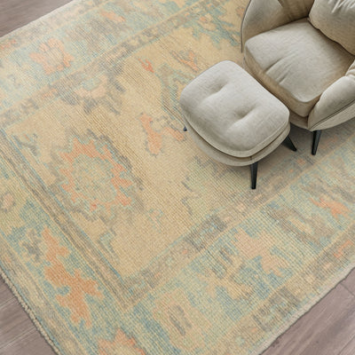 3x5 Beige, Aqua, Peach Color Hand Knotted Turkish Wool Arts & Crafts/Mission Oriental Rug