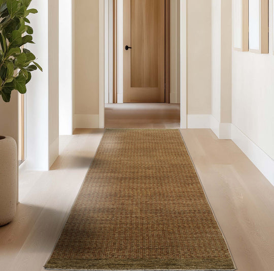 2'6''x9'8" Gold Hand Knotted Peshawar Contemporary Textured Wool Oriental Area Rug