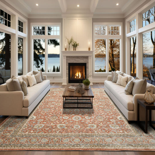 Multi Size Rust Machine Made Dense Pile Rug featuring a Budget Friendly Persian Style and Silky Sheen