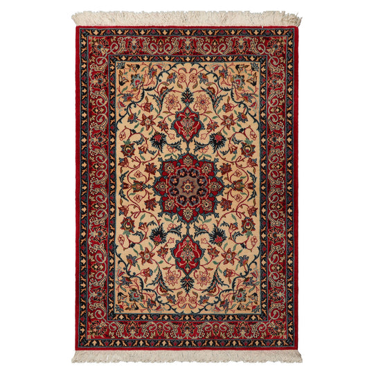 3'5''x5'4" Beige Hand Knotted Espahan Traditional Medallion Wool Oriental Area Rug