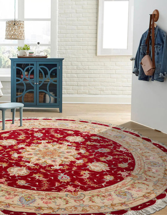 4'11''x4'11" Red Hand Knotted Tabriz Round Traditional Medallion 350 KPSI Oriental Area Rug