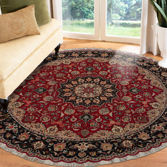 6'7''x6'7'' Round Hand Knotted Wool & Silk Fuschia Tabriz Round Traditional Rug