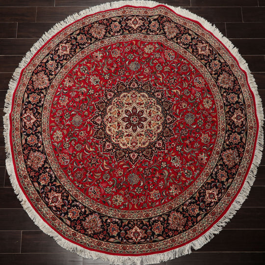 6'4''x6'4'' Round Hand Knotted Wool & Silk Red Tabriz Round Traditional Rug