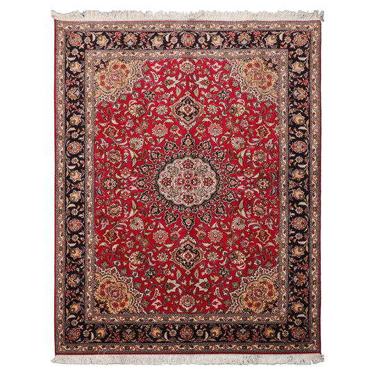 4'11''x6'7'' Hand Knotted Wool & Silk Red Tabriz Traditional Rug