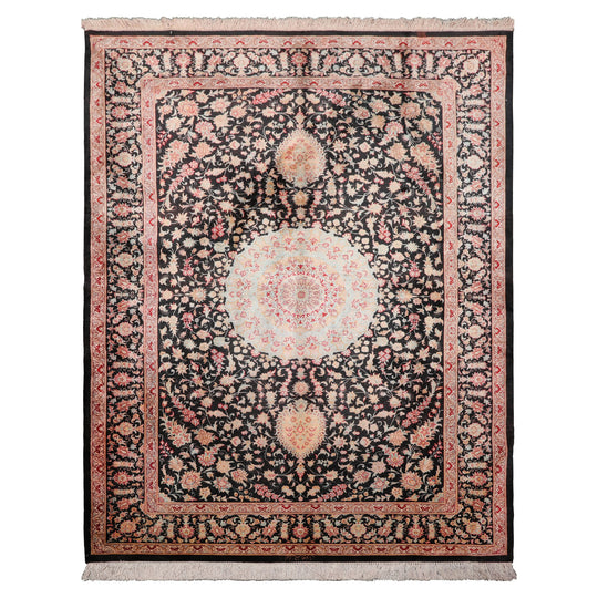 4'5''x6'4'' Hand Knotted Charcoal Qum All Silk Traditional Rug