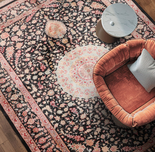 4'5''x6'4'' Hand Knotted Charcoal Qum All Silk Traditional Rug