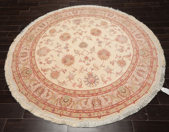 6'6''x6'6'' Round Hand Knotted Wool & Silk Ivory Tabriz Round Traditional 400 KPSI Rug