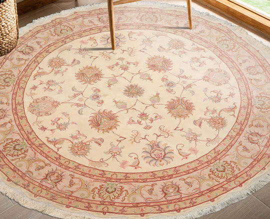 6'6''x6'6'' Round Hand Knotted Wool & Silk Ivory Tabriz Round Traditional 400 KPSI Rug