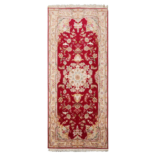 2'8''x6'7'' Runner Hand Knotted Wool & Silk Red Tabriz Traditional 300 KPSI Rug