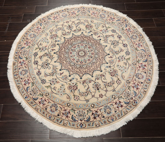 5x5 Round Hand Knotted Wool & Silk Ivory Nain Round Traditional 250 KPSI Rug