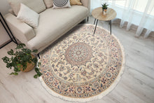 5x5 Round Hand Knotted Wool & Silk Ivory Nain Round Traditional 250 KPSI Rug