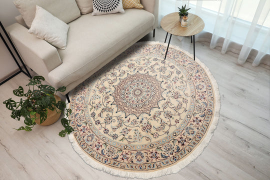 5x5 Round Hand Knotted Wool & Silk Ivory Nain Round Traditional 250 KPSI Rug
