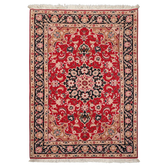 3'6''x5 Hand Knotted Wool & Silk Red Tabriz Traditional 250 KPSI Rug