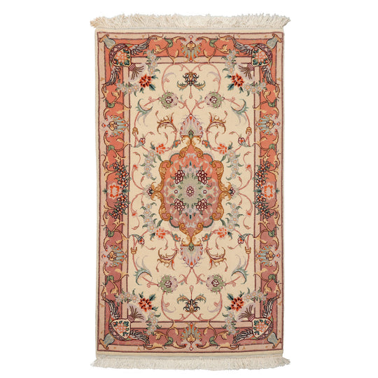 2'2''x4 Hand Knotted Wool & Silk Ivory Tabriz Traditional 250 KPSI Rug
