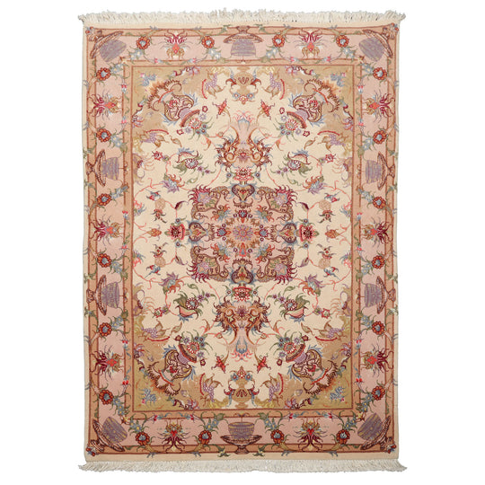 3'5''x5 Hand Knotted Wool & Silk Ivory Tabriz Traditional 200 KPSI Rug