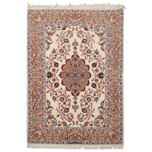3x5 Ivory, Peach, Blue Color Hand Knotted Isfahan Wool & Silk Traditional Oriental Rug