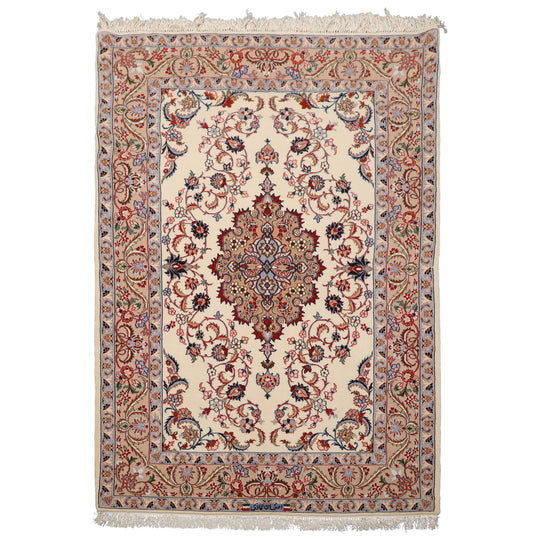 3'7''x5'4'' Hand Knotted Wool & Silk Ivory Isfahan Traditional 350 KPSI Rug