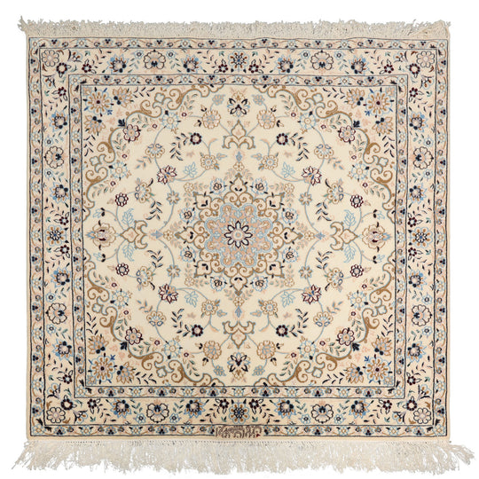 3'5''x3'5'' Hand Knotted Wool & Silk Ivory Nain Traditional 400 KPSI Rug