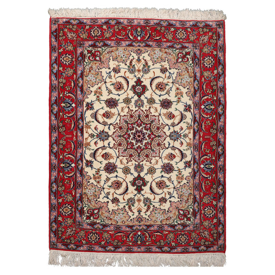 3'8''x5'4'' Hand Knotted Wool & Silk Ivory Isfahan Traditional 400 KPSI Rug