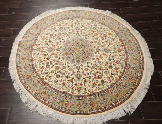 5x5 Round Hand Knotted Ivory Qum All Silk Traditional 600 KPSI Rug