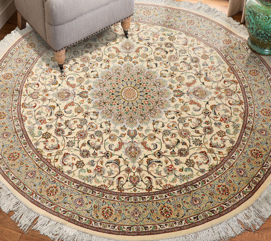 5x5 Round Hand Knotted Ivory Qum All Silk Traditional 600 KPSI Rug