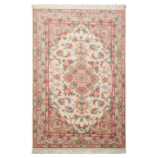 3'3''x5 Hand Knotted Wool & Silk Ivory Tabriz Traditional 250 KPSI Rug